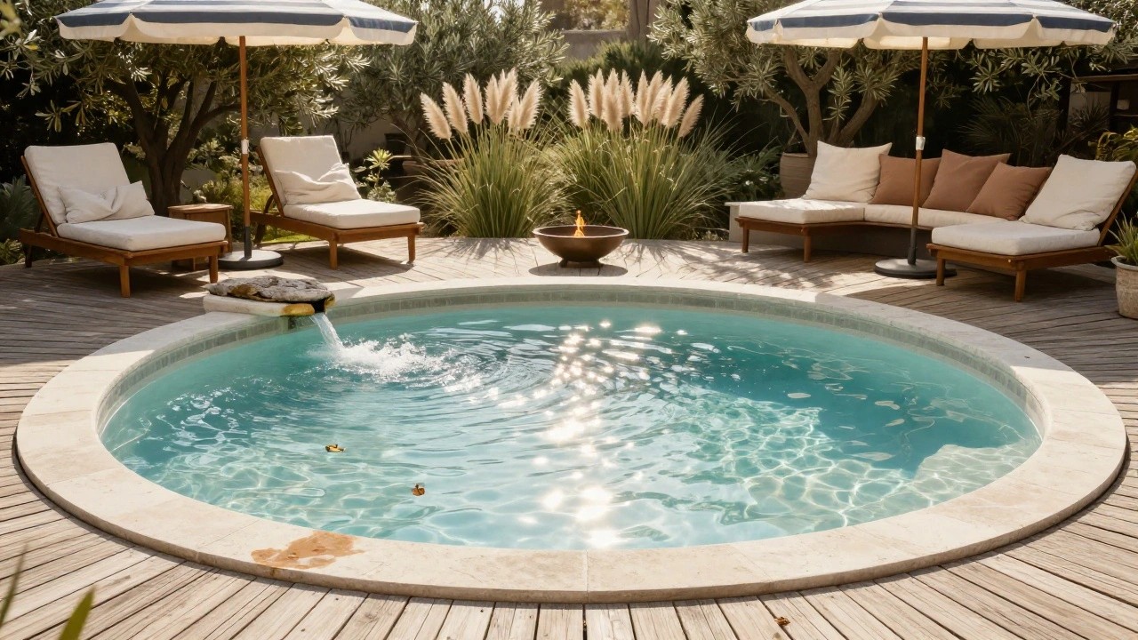Round turquoise pool with stone edge and water fountain spillover on a wooden deck, adjacent curved beige stone bench with beige and rust cushions, two wooden loungers with cushions, white umbrella, pampas grass, potted plants, and olive trees in the background.