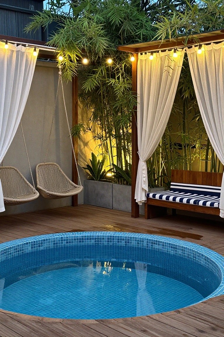 Wooden deck with central round blue-tiled hot tub, pergola structure overhead draped in sheer white curtains and string lights, two hanging rope swings, potted plants, bamboo screening, and a striped wooden bench.