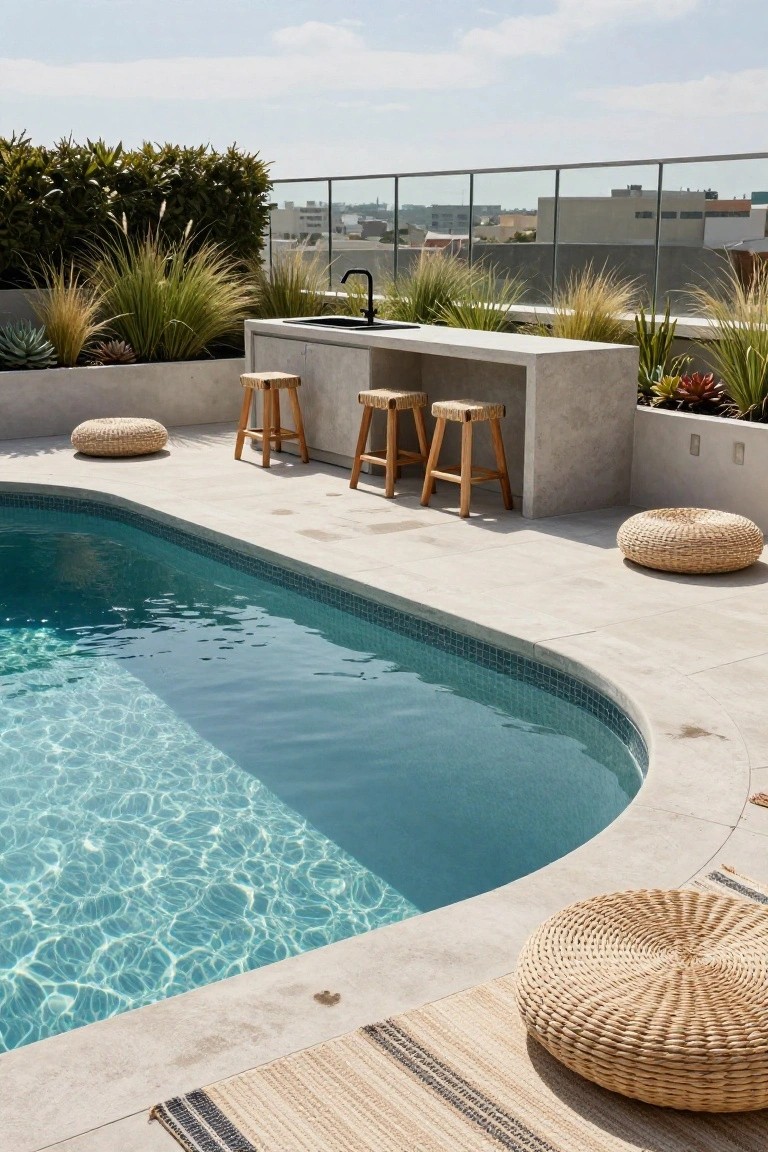 Curved rooftop pool with light blue water, adjacent concrete bar counter and sink flanked by potted grasses and succulents, two wooden stools, rattan poufs on pale decking, glass railing, and distant city buildings.