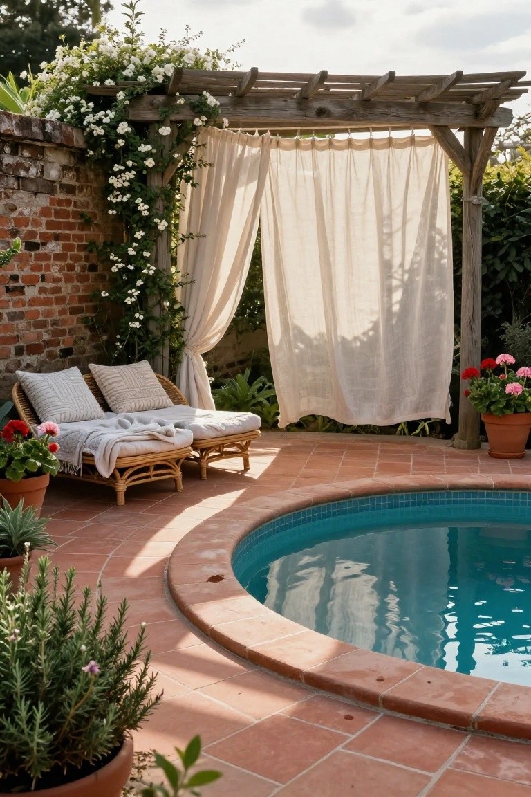 Round turquoise pool on terracotta patio next to paired rattan loungers with cushions and throws under wooden pergola with draped beige curtains, potted plants and climbing white roses on brick wall.