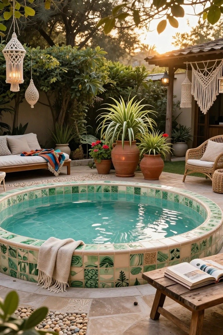 Round turquoise hot tub with green leaf-patterned tiles in a lush outdoor patio area featuring potted plants, wooden furniture, hanging lanterns, and a daybed.