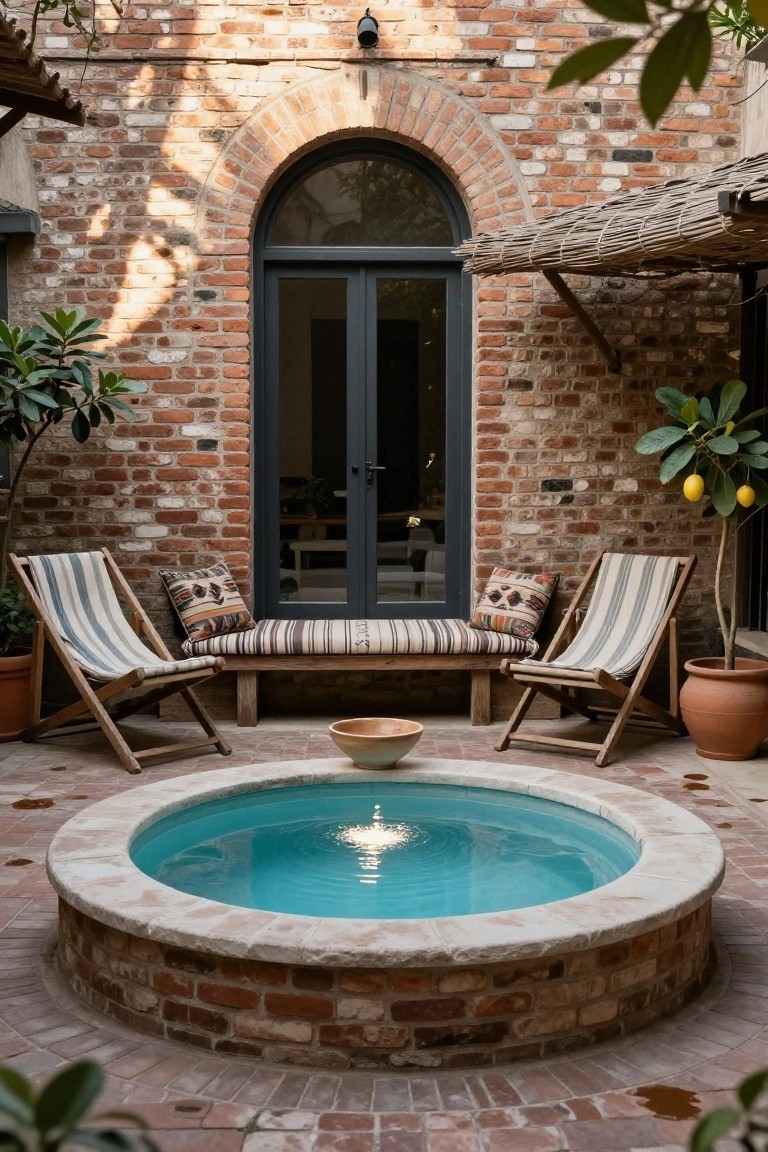 Circular turquoise pool centered in a brick courtyard with two striped canvas lounge chairs, wooden bench with cushions, potted plants including lemon tree, and double gray doors in arched brick wall.