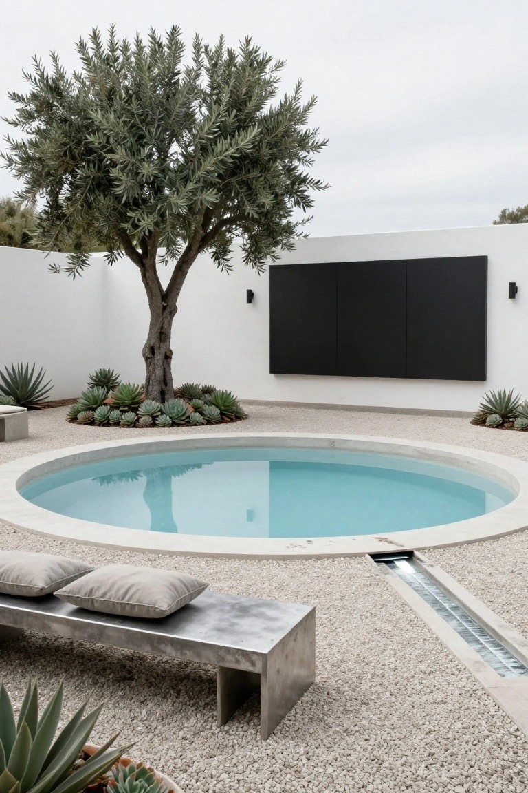 Round turquoise pool with white coping surrounded by light gravel in a walled outdoor courtyard, olive tree at center, agave plants, metal bench with beige pillows, black wall panels, and white walls.