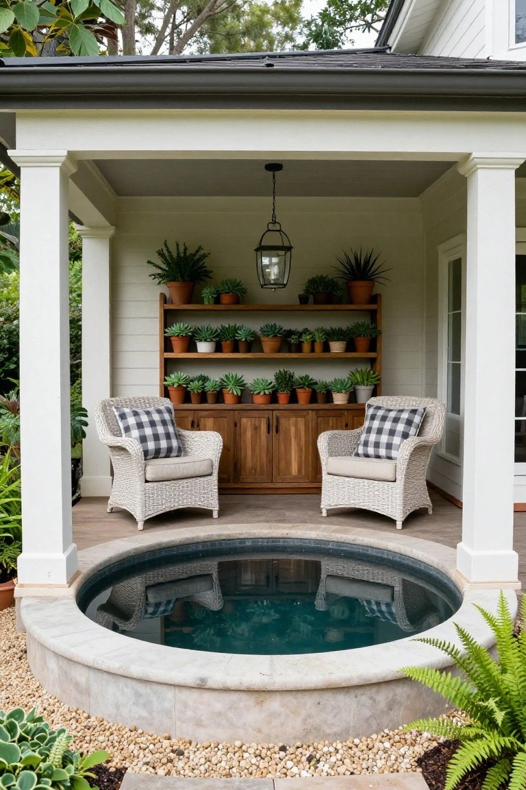 Covered porch with white columns around a circular stone-edged pool containing blue water, two wicker chairs with black-and-white checkered pillows facing a wooden cabinet holding potted plants, ferns and gravel nearby.