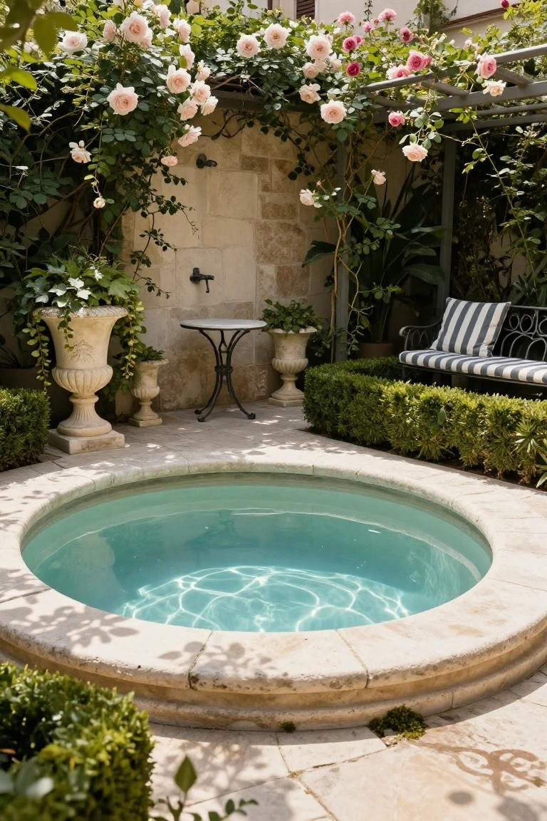 Circular turquoise pool centered in a stone courtyard with climbing pink roses on walls and pergola, boxwood hedges, terracotta planters, a small table, and a striped bench.