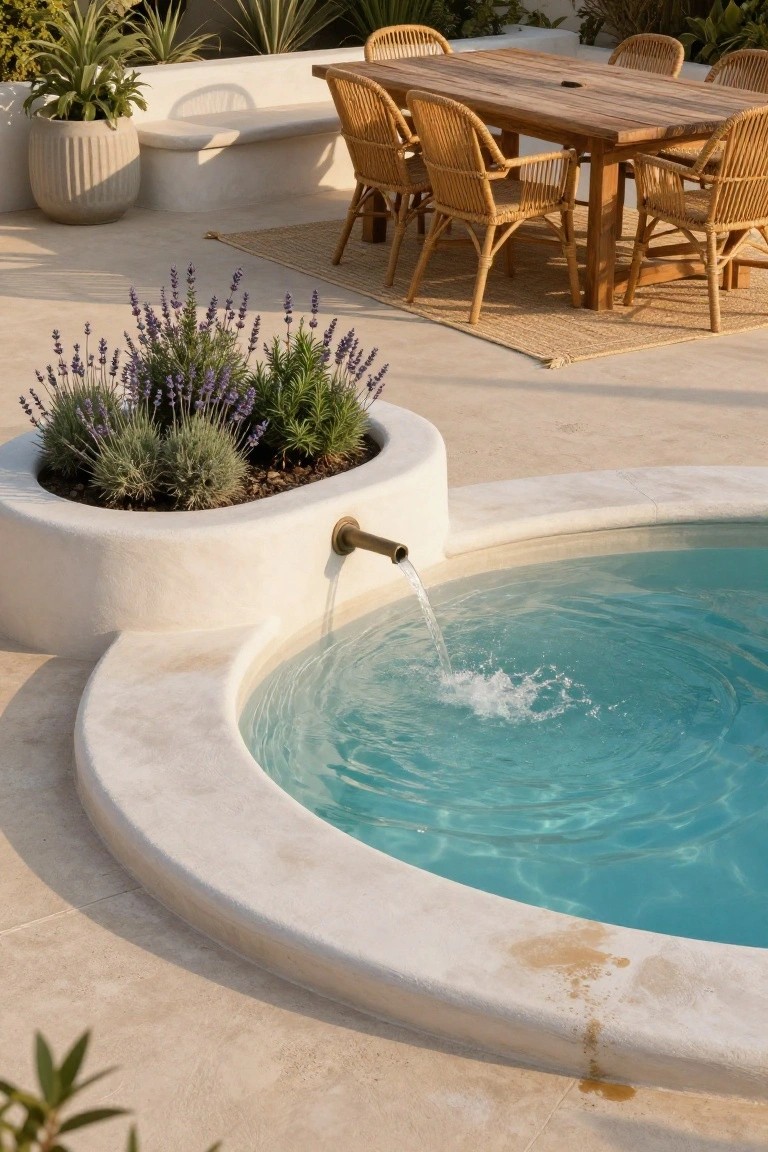 Small round turquoise pool with thick white curved plaster edges and integrated oval planter box filled with purple lavender bushes, green herbs, and gray grasses, brass faucet spout pouring water into the pool, adjacent beige tile terrace with wooden dining table, rattan chairs, beige rug, potted plants, and distant greenery.