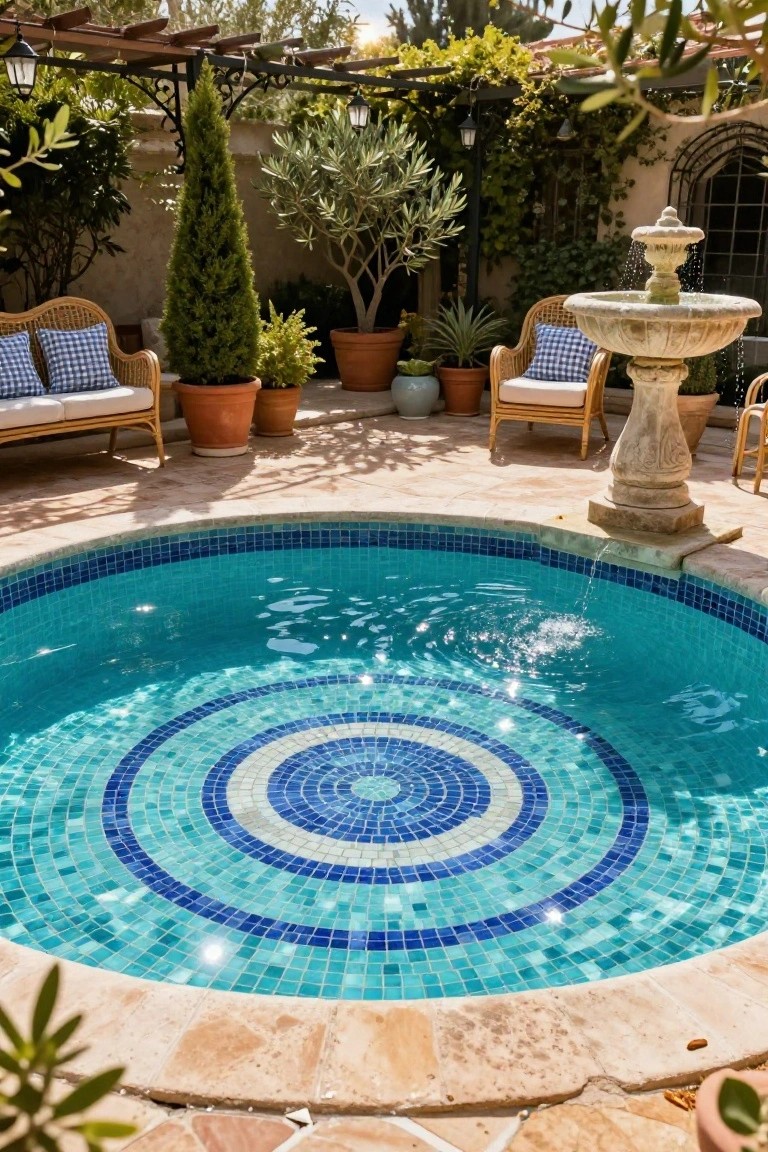 Circular in-ground pool featuring concentric rings of blue and white mosaic tiles, surrounded by terracotta paving, wicker chairs with blue cushions, potted plants, olive trees, a stone fountain, and a wooden pergola with lanterns in a Mediterranean courtyard.