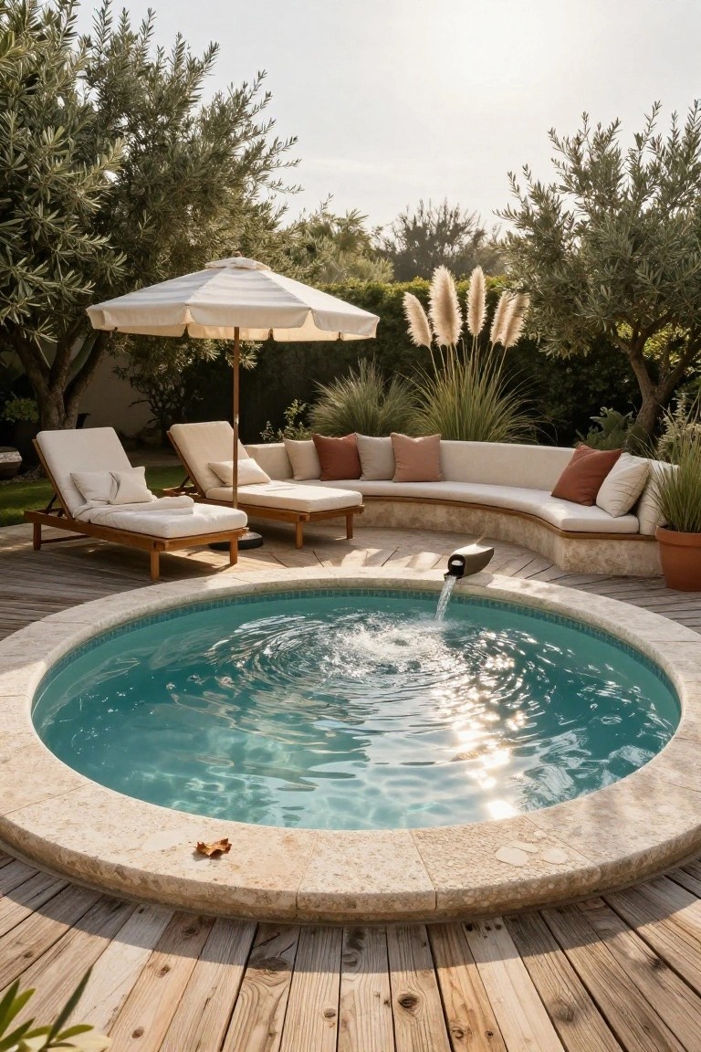 Round turquoise pool with stone edge and water fountain spillover on a wooden deck, adjacent curved beige stone bench with beige and rust cushions, two wooden loungers with cushions, white umbrella, pampas grass, potted plants, and olive trees in the background.