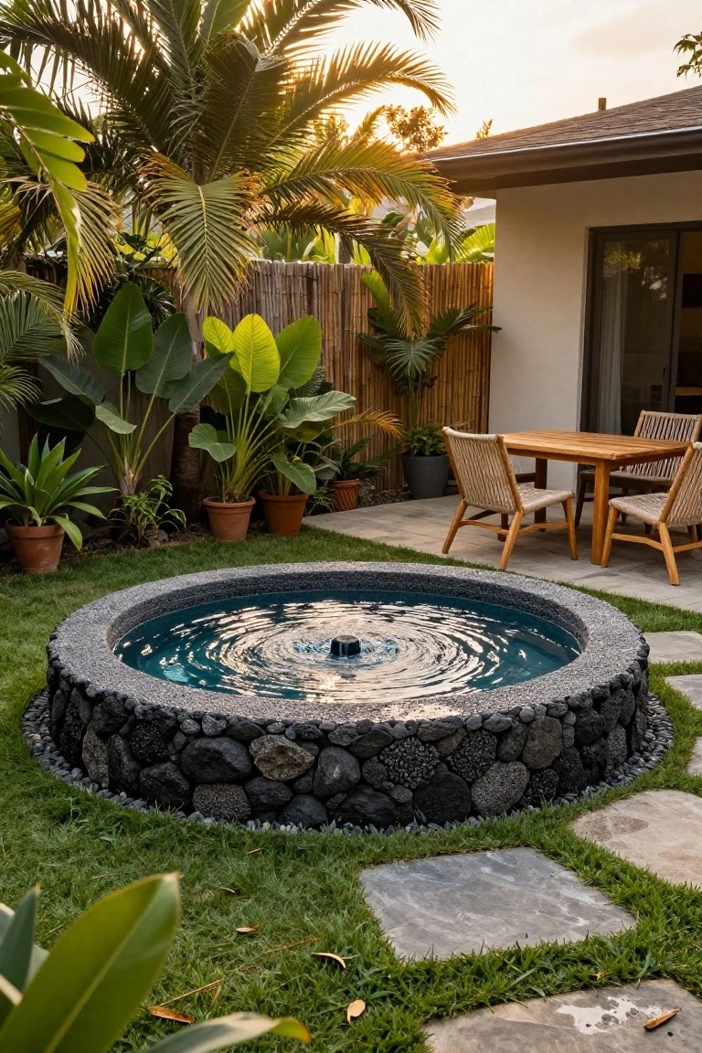 Round turquoise pool with central fountain and black lava rock border in a tropical backyard, surrounded by grass, palms, potted plants, and a wooden dining table with rattan chairs near a modern house exterior at sunset.