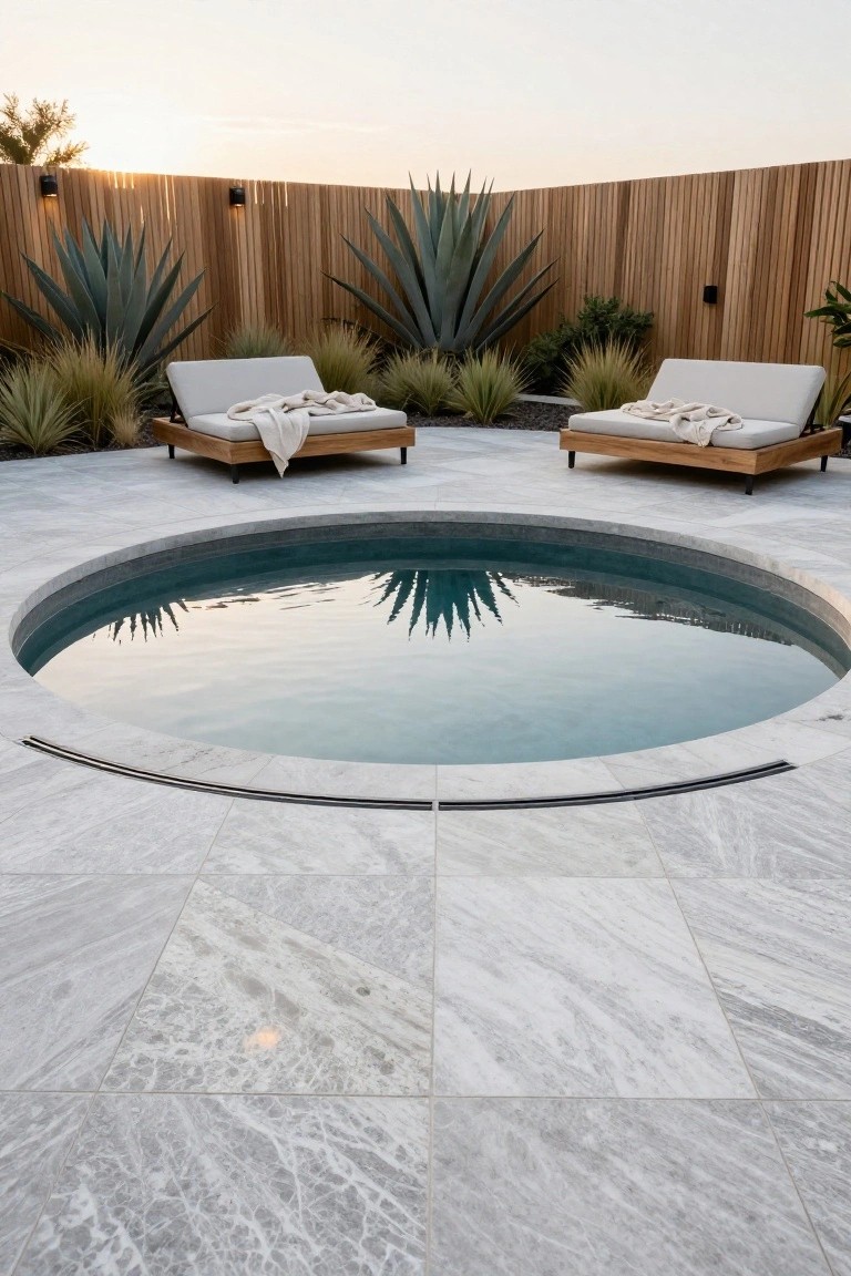 Circular teal pool flush with light grey veined tile patio surface via channel drain, two beige-upholstered wooden loungers with throws on either side, agave plants and slatted wooden fence enclosing the area.