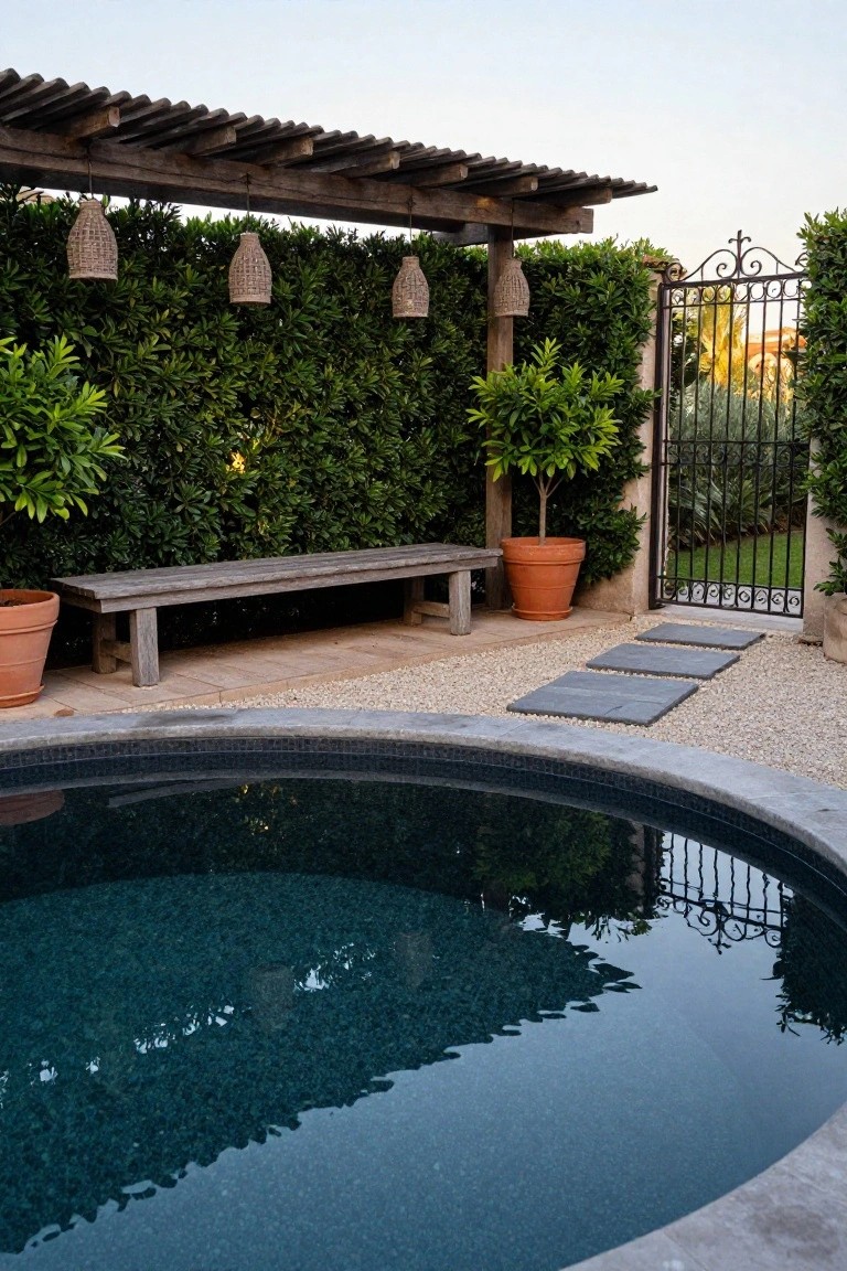 Round dark-tiled swimming pool with pebble gravel surround and stone step path, wooden bench on gravel nearby backed by dense green hedges and potted plants, wooden pergola with hanging lanterns overhead, and black wrought iron gate in the background.