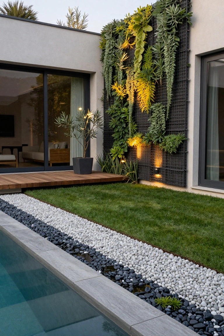 House beside a rectangular pool with black and white pebble edging, adjacent grass lawn, wooden deck platform, vertical green wall on the wall, and potted olive tree.