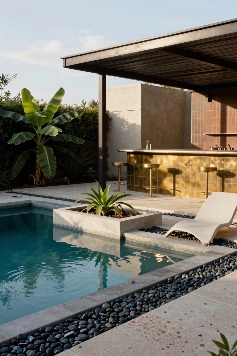 Turquoise pool with black pebble edging on a concrete deck, white lounge chair nearby, raised concrete planter holding an agave plant, gold bar stools at a curved brass bar under a shaded structure, banana trees and greenery in the background.