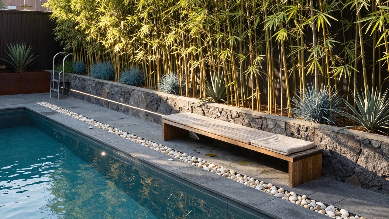Stone wall supporting a wooden bench next to a small turquoise-tiled pool, with white pebbles on the ground, red metal planters holding agave and ornamental grasses, and tall bamboo plants against a dark fence.