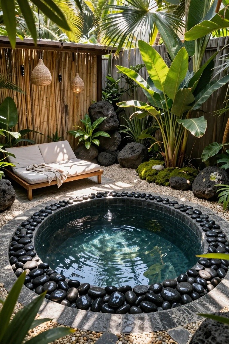 Circular dark-tiled hot tub with black pebble edging surrounded by lava rocks, tropical plants, bamboo fencing, and a beige daybed lounge in a pebbled garden area.