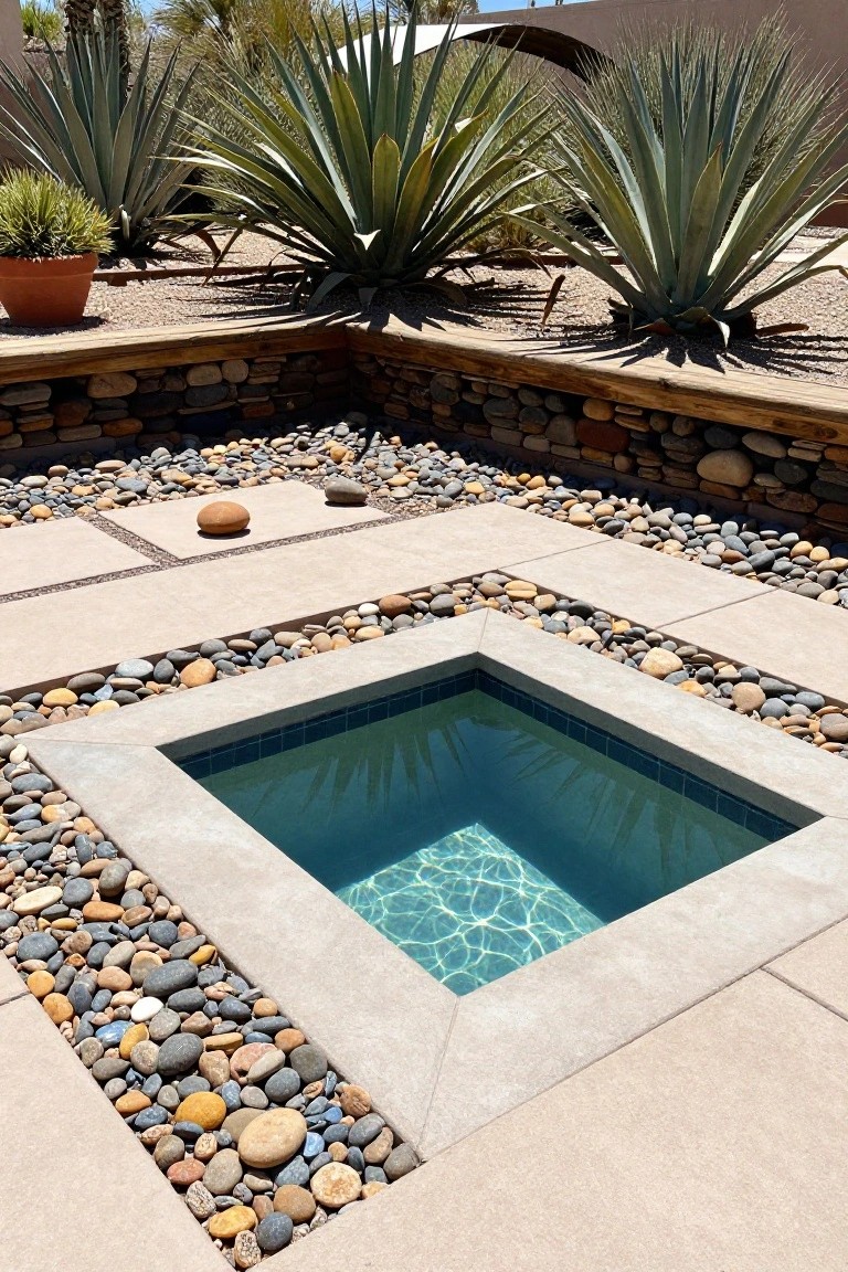 Square turquoise-tiled pool sunken into a beige stone deck, surrounded by borders filled with multicolored pebbles and rocks, agave plants, and stone walls in a desert landscape.