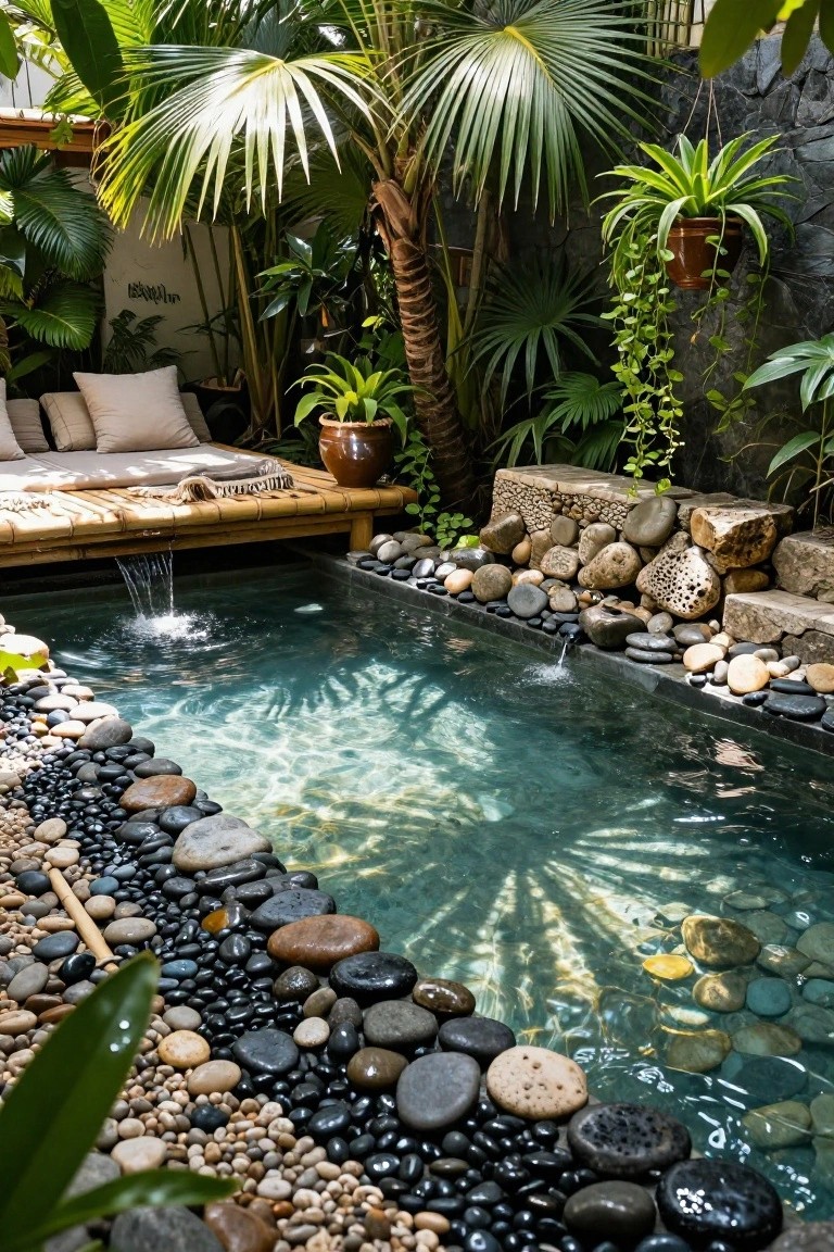 Small rectangular pool with turquoise water and waterfall, bordered by mixed pebbles, rocks, and plants, next to a bamboo platform with cushions in a lush tropical courtyard.