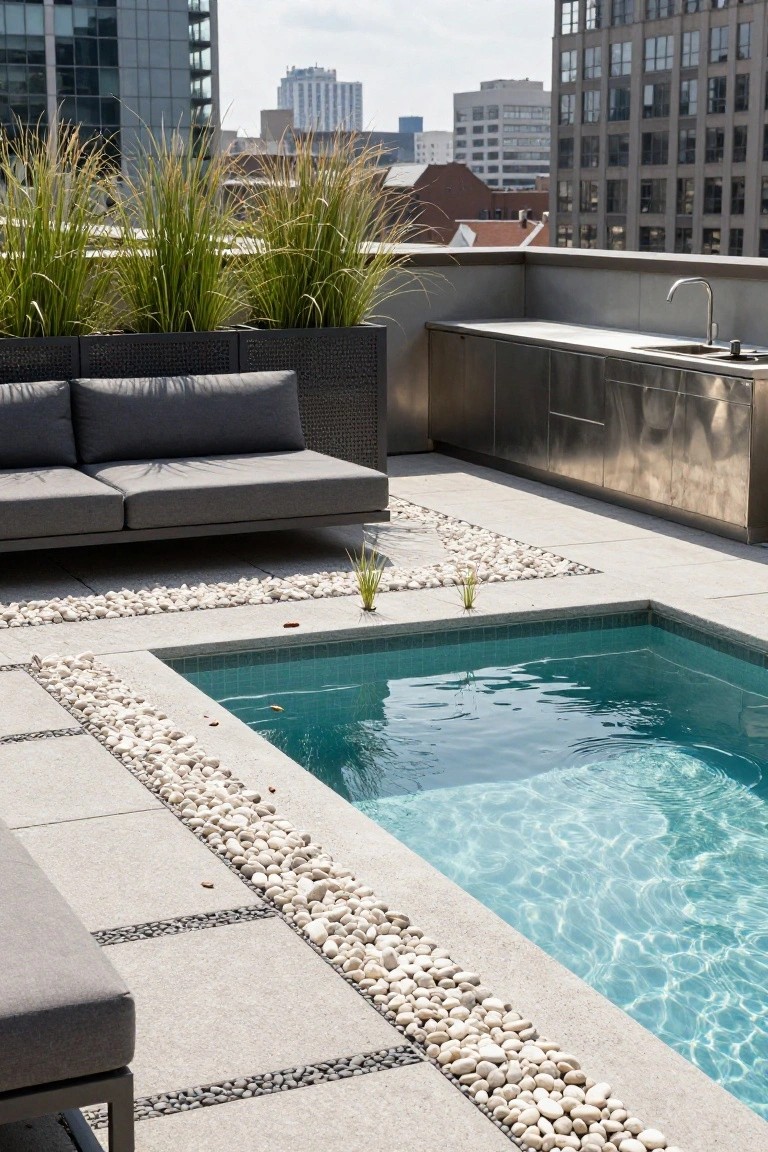 Rooftop terrace with small turquoise pool edged by white pebbles on concrete deck, gray sofa nearby, stainless steel kitchen counters, and tall ornamental grasses against urban skyline.