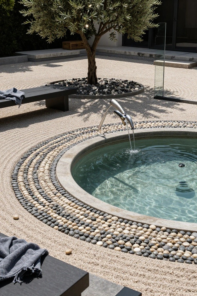 Circular turquoise pool with chrome faucets pouring water, edged by bands of light and dark pebbles on a stone rim, set in a raked gravel zen garden with black benches, an olive tree, and pebble mulch.