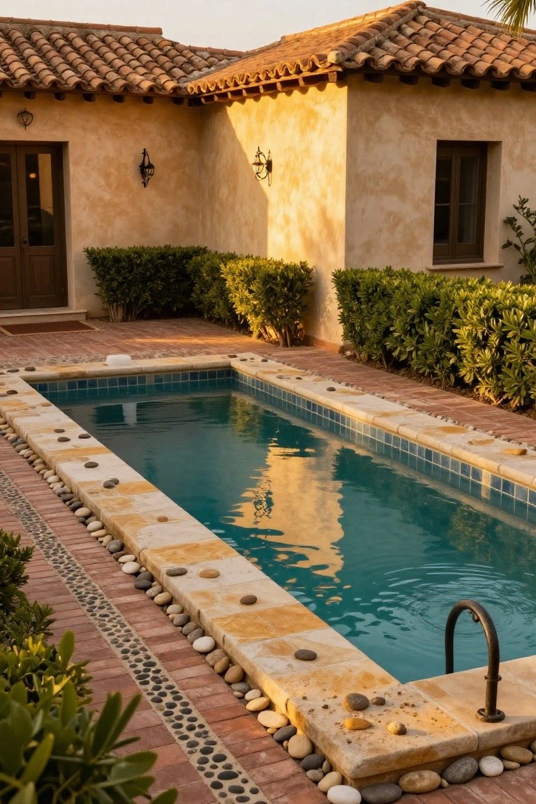 Narrow rectangular turquoise-tiled pool with beige stone coping embedded with pebbles, surrounded by brick paths inlaid with pebbles and flanked by boxwood hedges next to a beige stucco house corner.