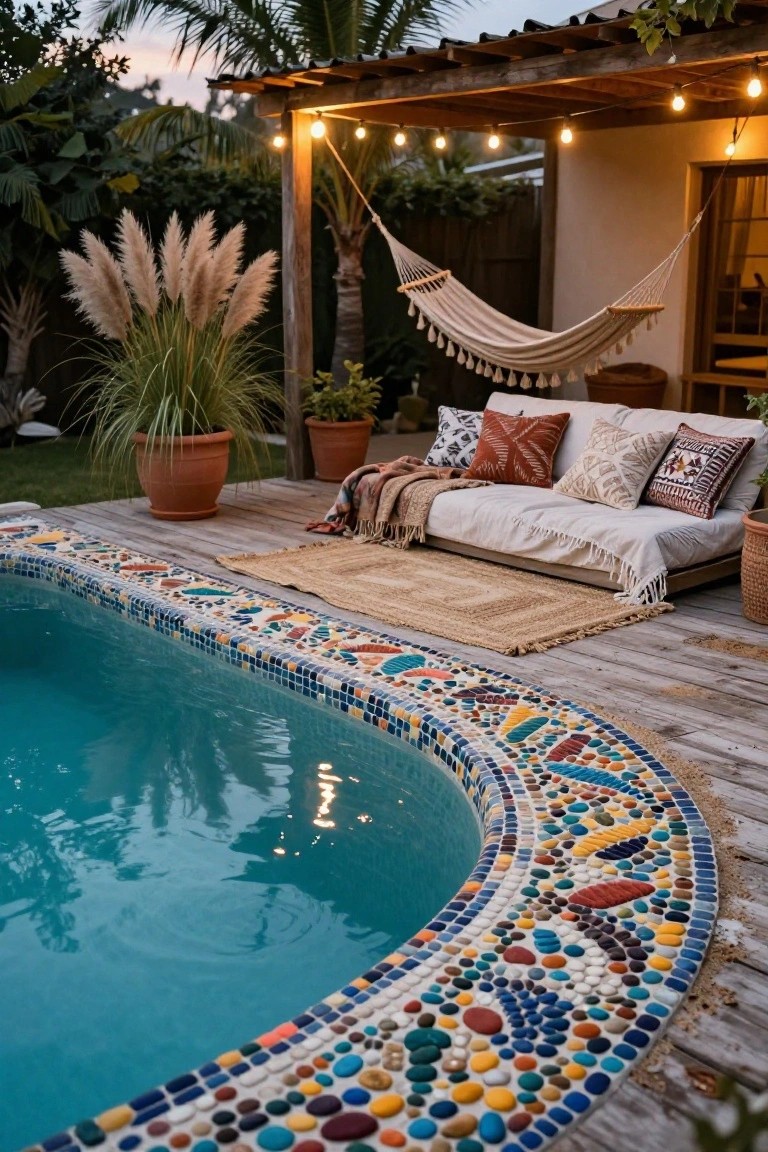 Turquoise pool with curved multicolored mosaic tile border resembling pebbles, next to rustic wooden deck featuring pampas grass in pots, outdoor daybed with pillows, hammock, and string lights under a pergola.