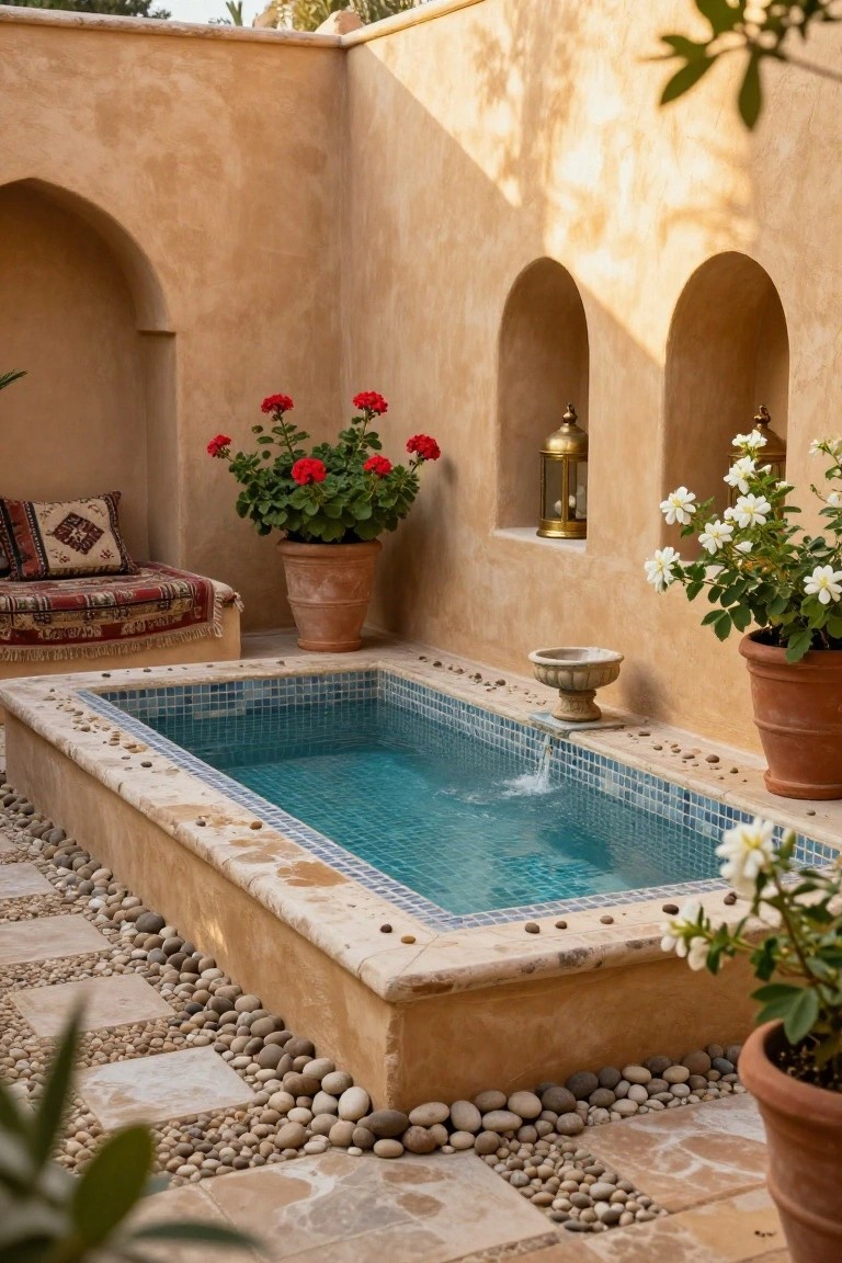 A small rectangular turquoise-tiled pool in a beige stucco courtyard with arched niches, surrounded by smooth white pebbles, potted plants, lanterns, a cushioned bench, and terracotta pots.