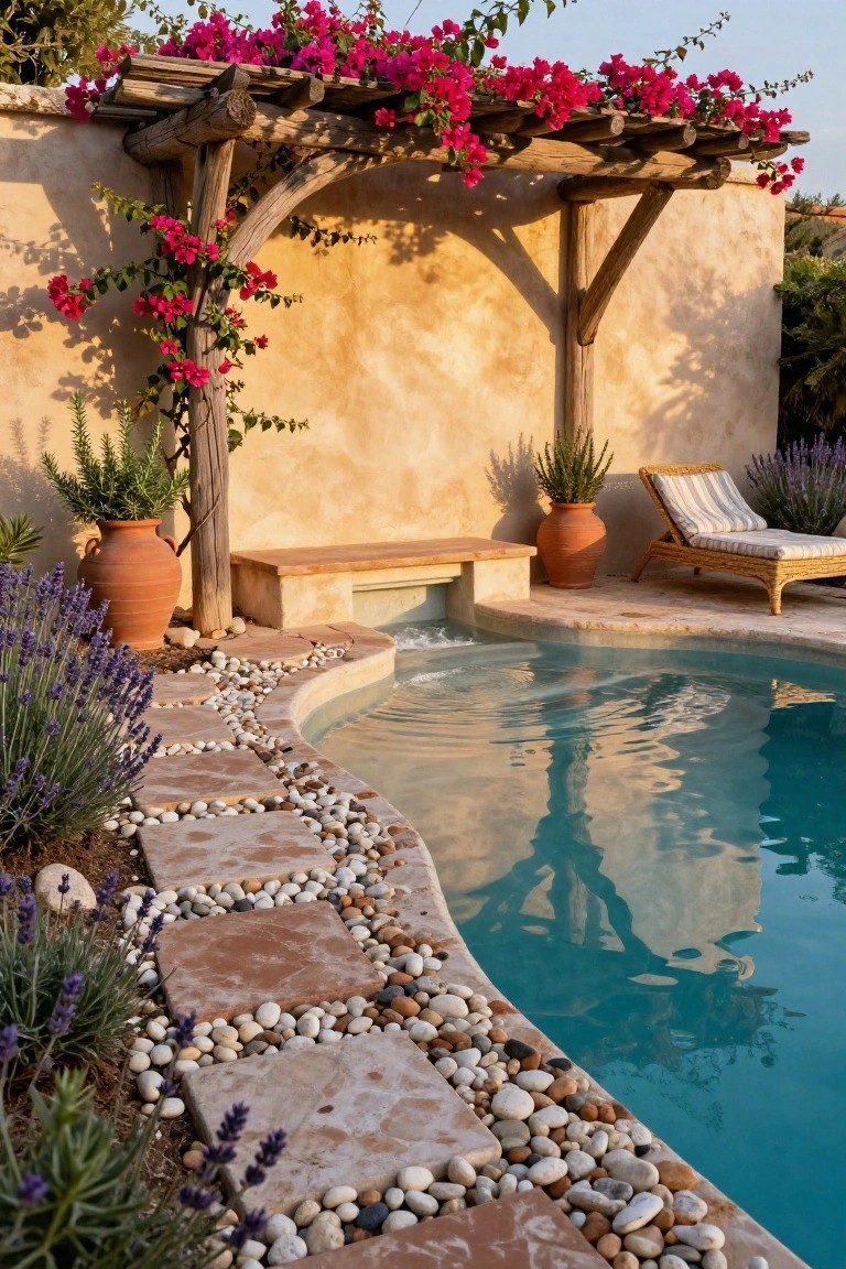 Curved turquoise swimming pool edged with tan stone pavers filled with mixed pebbles, flanked by lavender plants, terracotta pots with agave, a wooden pergola draped in pink bougainvillea, and a beige stucco wall.