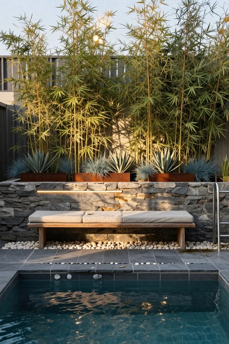 Stone wall supporting a wooden bench next to a small turquoise-tiled pool, with white pebbles on the ground, red metal planters holding agave and ornamental grasses, and tall bamboo plants against a dark fence.