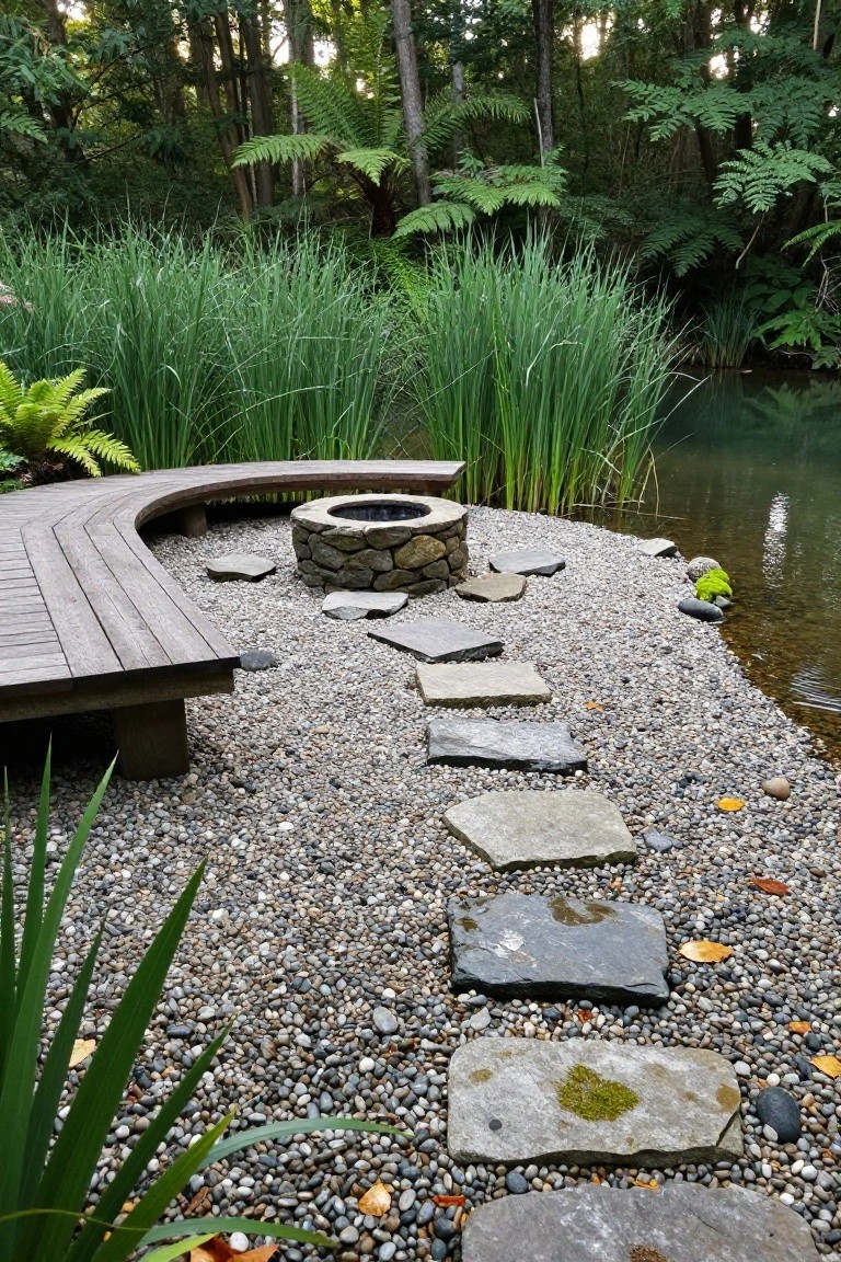 Curved wooden bench on a deck next to a stone fire pit surrounded by pebbles, with irregular flat stone stepping stones leading across the pebble ground to a pond edged by reeds, ferns, and greenery in a forested setting.
