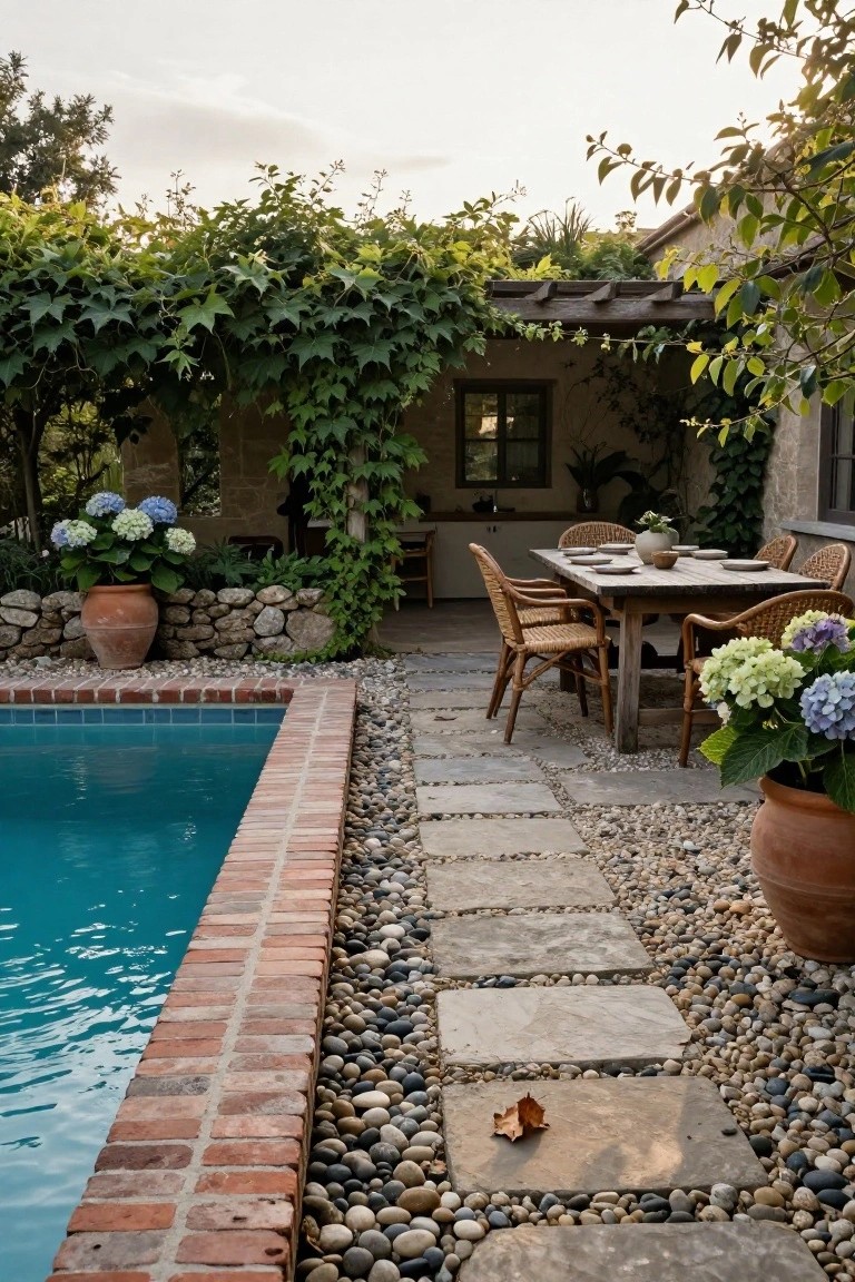 Blue swimming pool with brick coping bordered by pebbles and a stone slab path leading through the pebbles to an outdoor wooden dining table with rattan chairs under a vine-covered pergola beside a stone house wall.