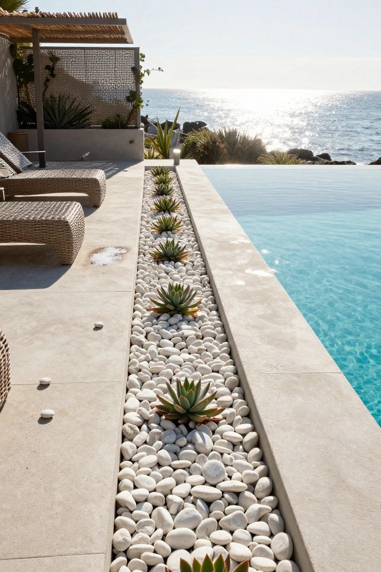 Infinity pool with edge lined by white pebbles and evenly spaced agave plants, wicker loungers on beige stone deck, and ocean view in background.