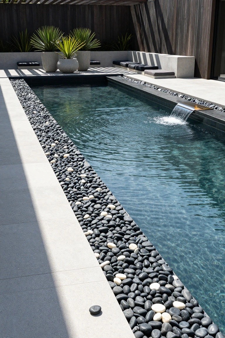 Narrow rectangular pool with black tile coping and borders of mixed black and white pebbles on concrete surround, waterfall feature at one end, potted palms and built-in cushioned benches nearby, dark wood fence in background.