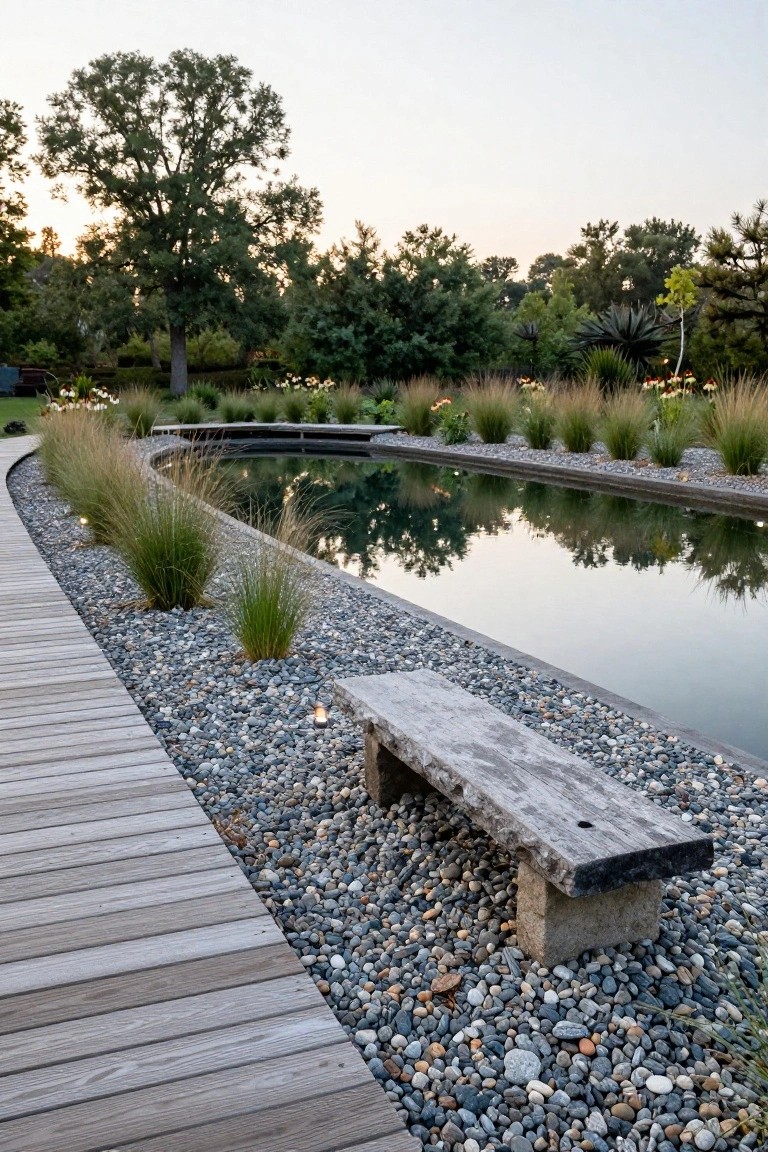 Curved infinity-edge pool bordered by gray pebbles and clumps of tall ornamental grasses, with a wooden boardwalk path and stone bench alongside.