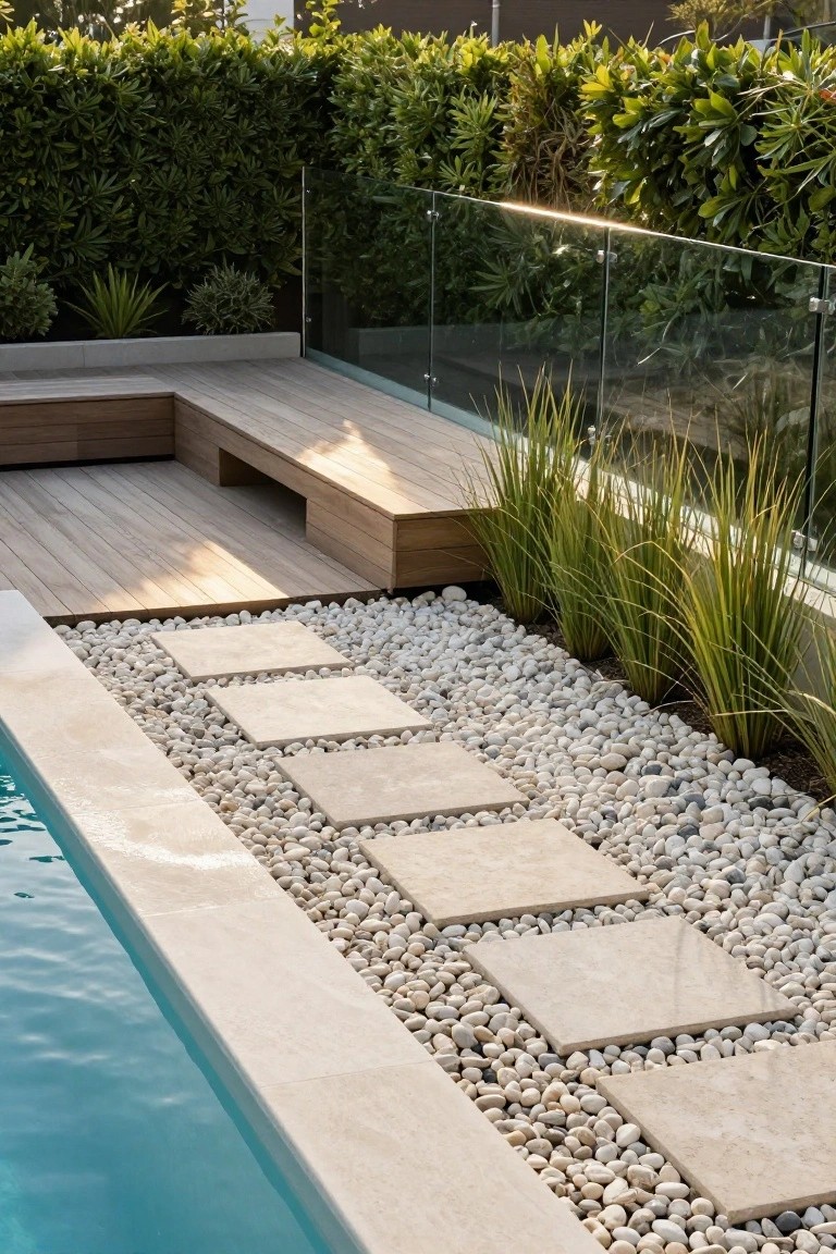 Poolside area with white pebbles as ground cover, large beige square stone pavers forming a path, ornamental grasses, wooden deck bench, and glass railing beside a turquoise pool.