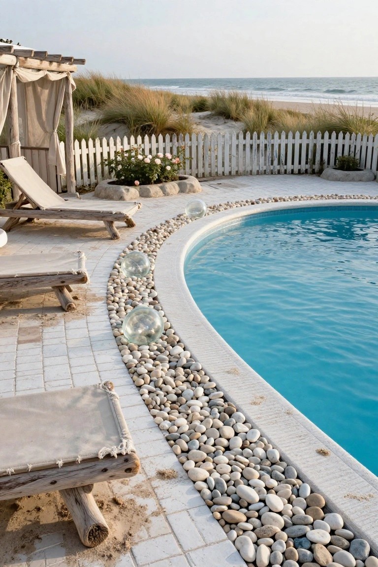 Curved turquoise pool edged with smooth white pebbles and large clear glass spheres, wooden lounge chairs on tiled deck nearby, white picket fence with plants, sand dunes, sea grass, and ocean in background.