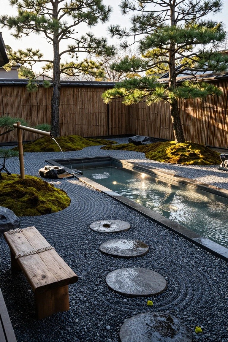 Narrow rectangular pool with dark pebbles raked into wave patterns, moss mounds, rocks, circular stepping stones, wooden bench, bamboo fountain, bamboo fence, and pine trees in background.
