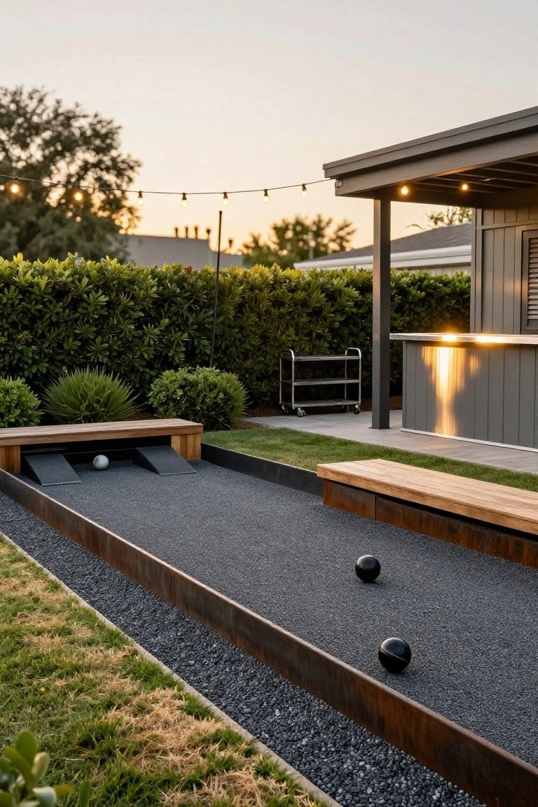 Backyard bocce ball court with black gravel surface, steel edges, wooden benches, ball return ramps, two black balls and one white ball on the court, adjacent covered bar area, hedges, string lights, and trees at dusk.