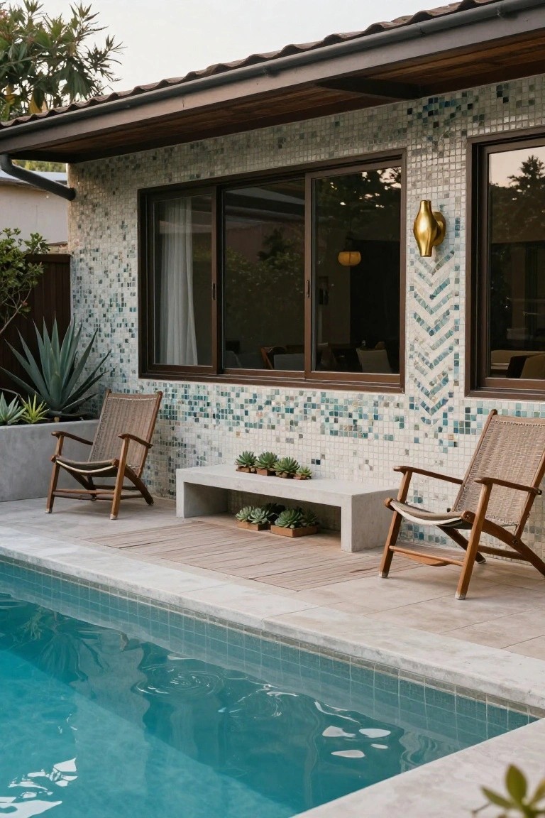 Backyard pool edged in tile with two rattan lounge chairs flanking a low concrete bench holding potted succulents, against a mosaic-tiled house wall with agave plants nearby.