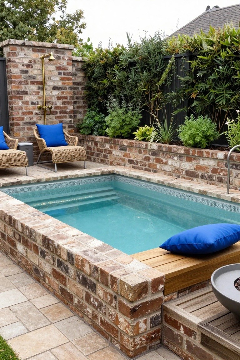 Small rectangular turquoise plunge pool with brick surround and steps, flanked by two wicker lounge chairs with blue cushions, wooden bench, stainless steel ladder, brass outdoor shower on brick pillar, concrete fire pit bowl, greenery, and black fence in backyard.