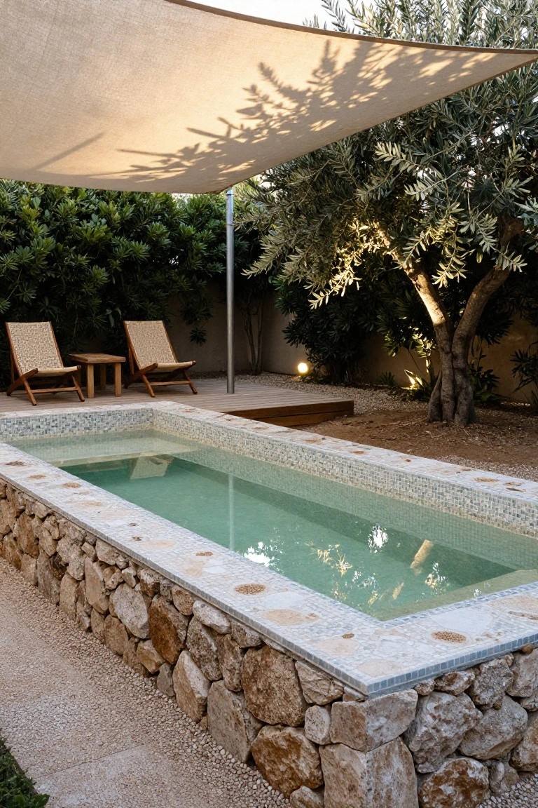 A small rectangular pool with clear green water and mosaic tile interior, edged by dry-stacked natural stone walls, two rattan lounge chairs on a wooden platform nearby under a large beige fabric shade canopy, olive trees and shrubs around a gravel yard.
