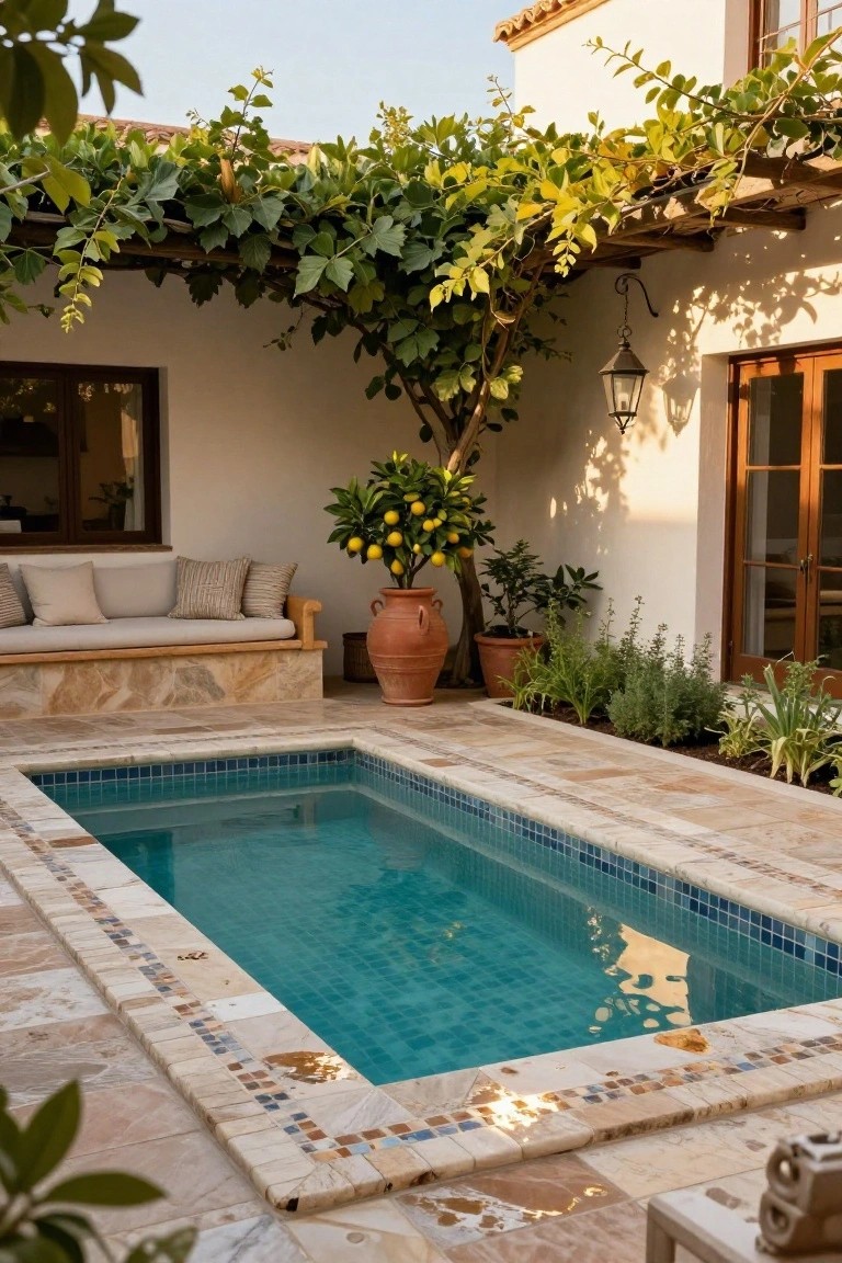 Small rectangular turquoise-tiled plunge pool edged in colorful mosaic tiles within a stone-paved courtyard, featuring built-in bench seating, a lemon tree in a terracotta pot, potted herbs, and vine-covered wooden beams overhead.