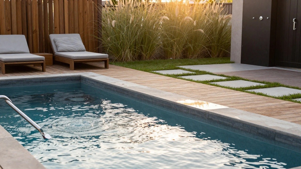 Narrow rectangular inground pool with light wooden decking along the edges, concrete pavers and grass strips nearby, tall pampas grass along a wooden privacy fence, and an outdoor shower in a backyard setting.