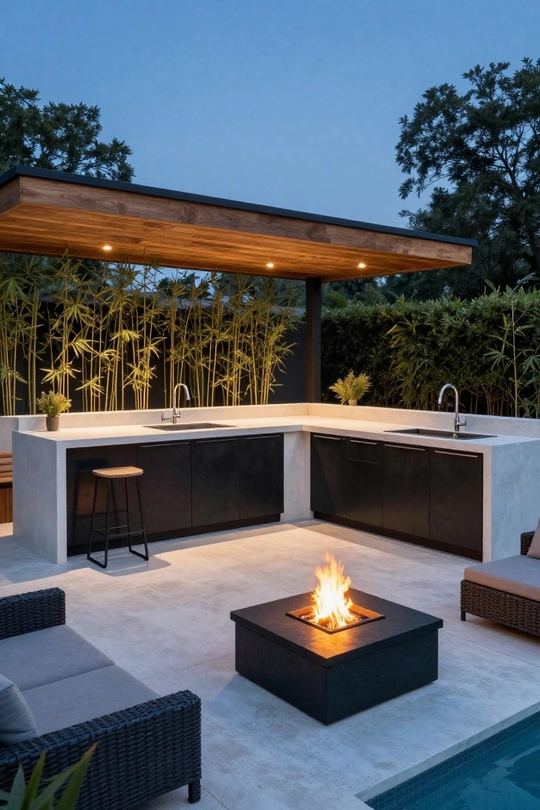 Twilight backyard pool area with L-shaped outdoor kitchen under wooden pergola, white counters, black cabinets, two sinks, bar stools, central square fire pit with flames, lounge chairs, and bamboo screening.