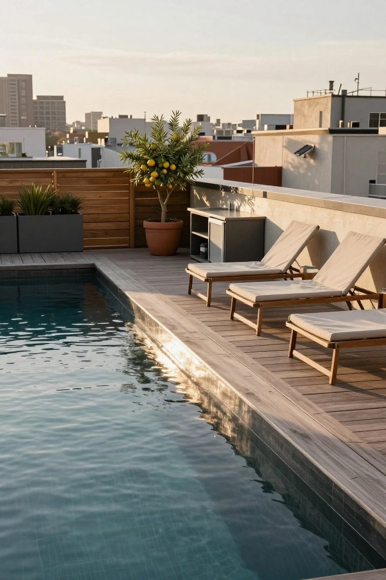 Rooftop pool with dark water, wooden deck edge, three beige loungers aligned alongside, potted plants and small bar cabinet, urban buildings in background at sunset.