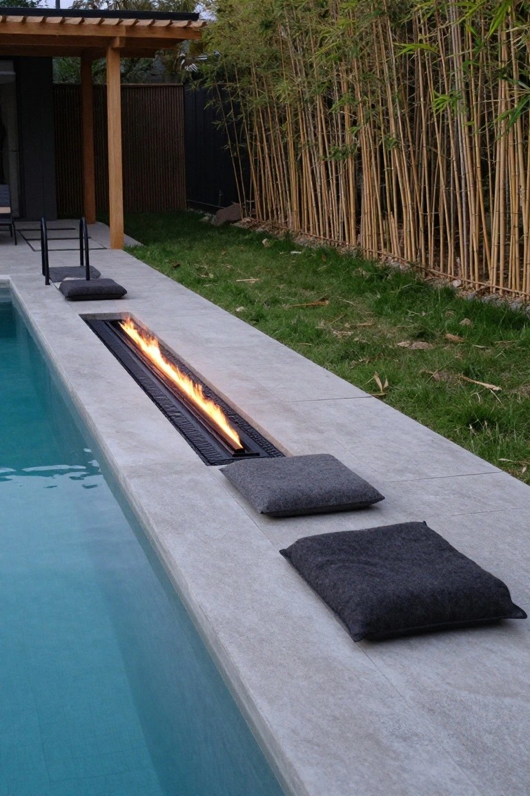 A turquoise swimming pool with a linear gas fire pit recessed into the gray concrete deck edge, flames burning steadily, gray cushions placed on the deck, grass lawn, bamboo privacy screen, and wooden pergola nearby.