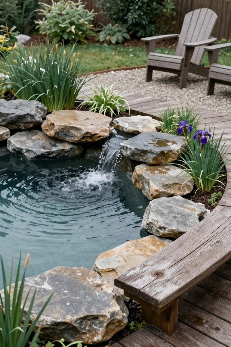 Small circular pool with dark blue water lined by natural gray and tan rocks, featuring a cascading waterfall from stacked stones, surrounded by wooden decking, a curved bench, Adirondack chairs, and plants including irises and grasses in a backyard setting.