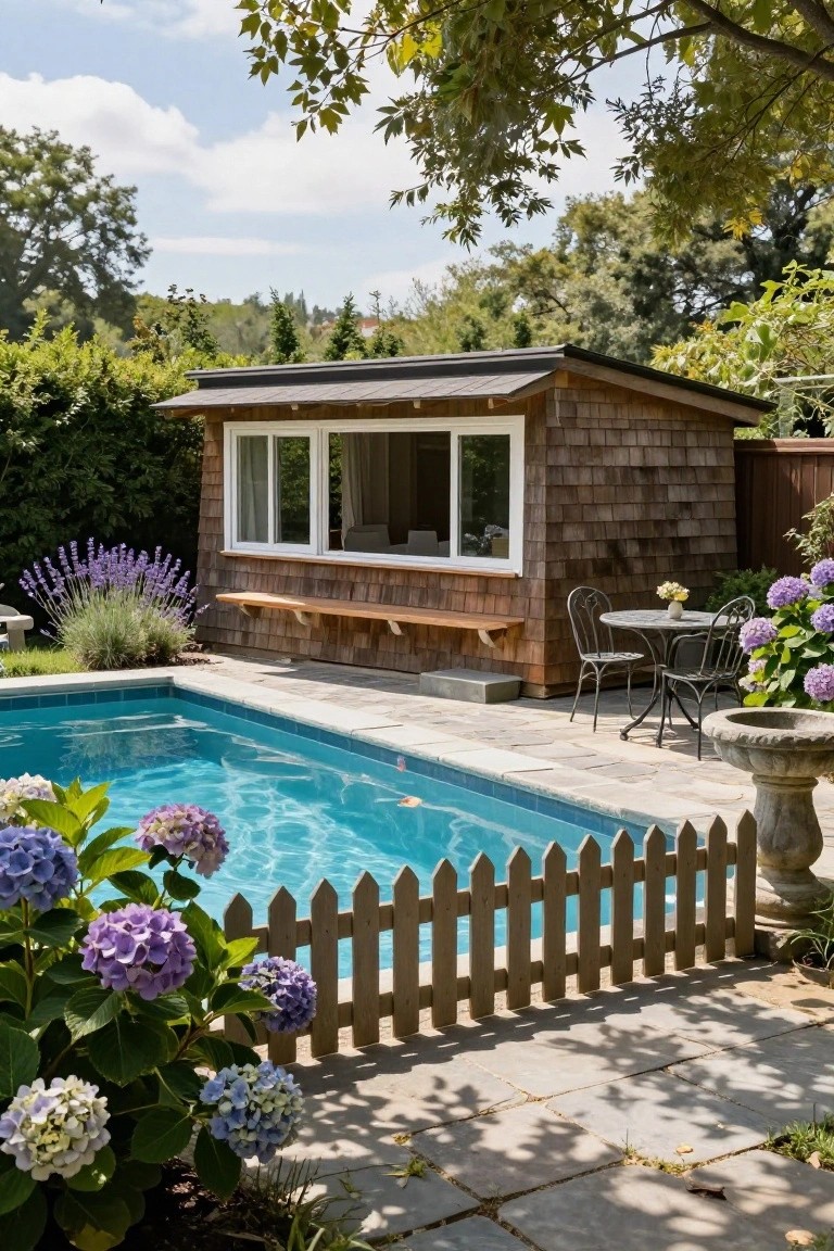 Wooden shingled cabana with bench and windows beside a rectangular turquoise pool enclosed by a picket fence, small metal table and chairs nearby, surrounded by lavender, hydrangeas, and stone pavers.