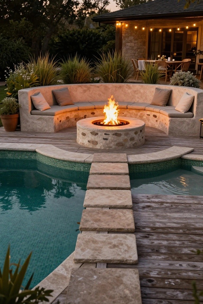 Curved beige stone benches surround a lit circular fire pit on a wooden deck next to a turquoise-tiled pool with stone paver path bridging the pool edge, plants, and house in the background.