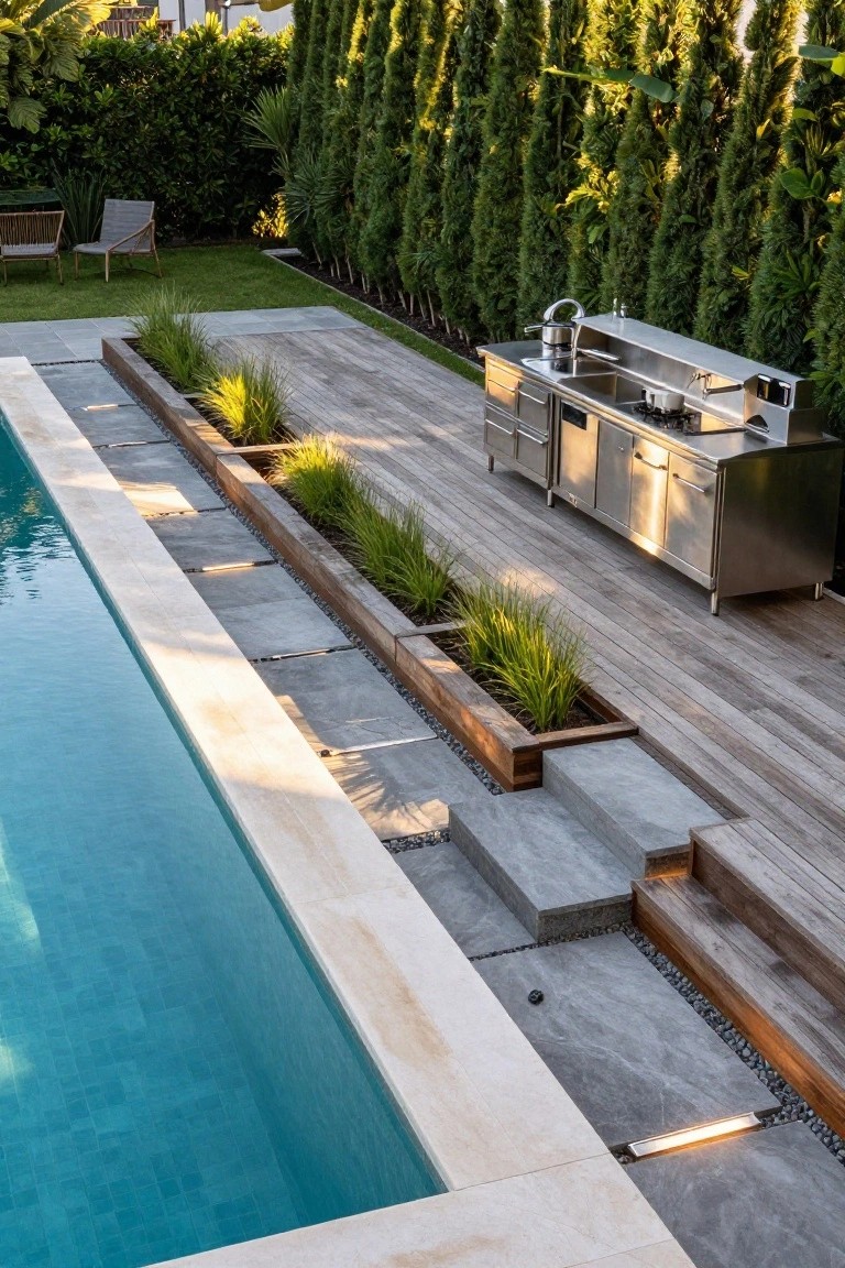 Overhead view of a turquoise-tiled pool with beige stone coping, adjacent wooden deck holding a stainless steel outdoor kitchen with sink and cooktop, linear wooden planters filled with grasses along the pool edge, and gray stone steps leading to the deck.