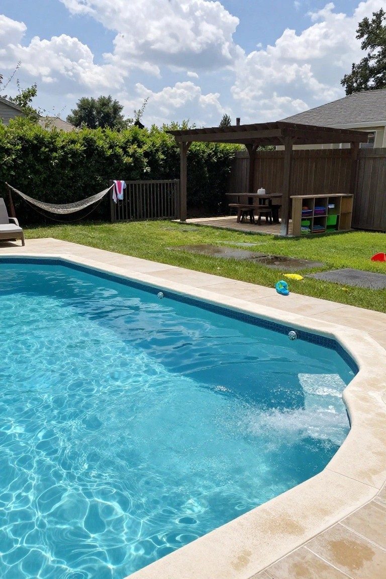 Backyard pool with beige tile decking, adjacent wooden pergola sheltering a picnic table and shelves with colorful bins, hammock nearby, grass yard with toys and fence under partly cloudy sky.